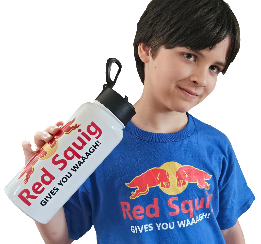 Stainless steel RED SQUIG bottle with a straw lid